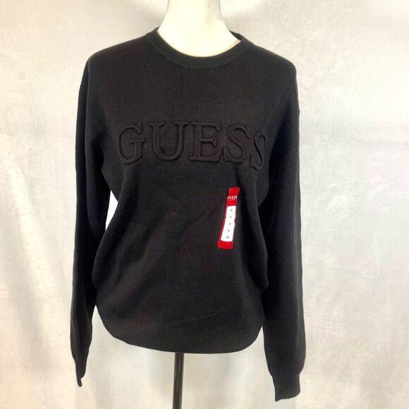 Guess Men’s Astero jet black front logo crewneck sweater size medium NWT - Picture 7 of 12